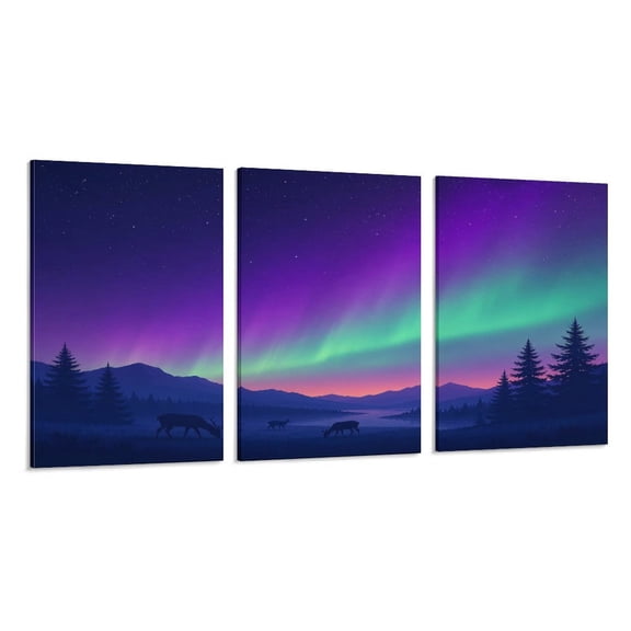 RKSupls 3 Piece Canvas Wall Art Set Modern Farmhouse Living Room Decor Aurora Deer Valley Night Prints Framed Ready to Hang for Bedroom Office