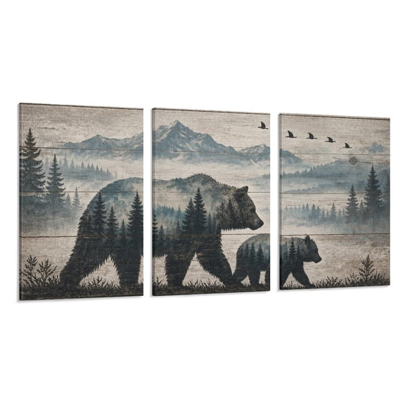 RKSupls 3 Piece Canvas Wall Art Set Modern Farmhouse Living Room Decor Bear Cub Forest Wood Silhouette Art Prints Framed Ready to Hang for Bedroom Office