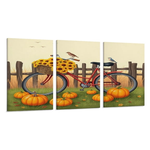 RKSupls 3 Piece Canvas Wall Art Set Modern Farmhouse Living Room Decor Bicycle Sunflower Pumpkin Prints Framed Ready to Hang for Bedroom Office
