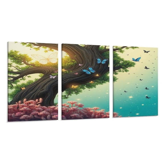 RKSupls 3 Piece Canvas Wall Art Set Modern Farmhouse Living Room Decor Butterfly Tree Fantasy Garden Prints Framed Ready to Hang for Bedroom Office