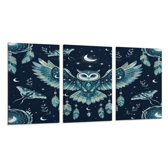RKSupls 3 Piece Canvas Wall Art Set Modern Farmhouse Living Room Decor Celestial Owl Dreamcatcher Pattern Prints Framed Ready to Hang for Bedroom Office