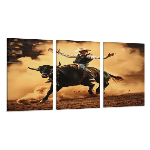 RKSupls 3 Piece Canvas Wall Art Set Modern Farmhouse Living Room Decor Cowboy Bull Riding Prints Framed Ready to Hang for Bedroom Office