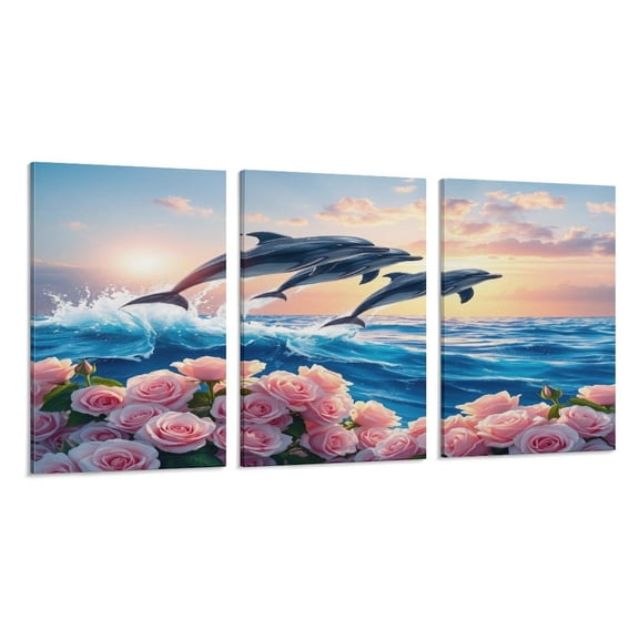 RKSupls 3 Piece Canvas Wall Art Set Modern Farmhouse Living Room Decor Dolphins Ocean Sunset Roses Prints Framed Ready to Hang for Bedroom Office