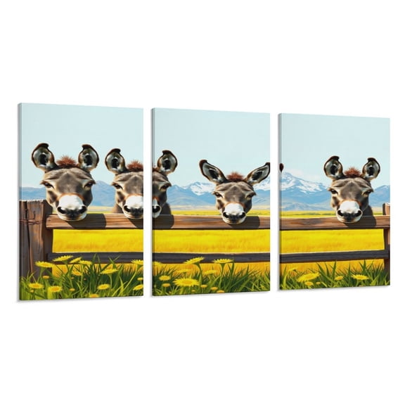 RKSupls 3 Piece Canvas Wall Art Set Modern Farmhouse Living Room Decor Donkeys Countryside Fence Prints Framed Ready to Hang for Bedroom Office