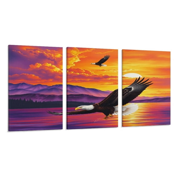 RKSupls 3 Piece Canvas Wall Art Set Modern Farmhouse Living Room Decor Eagle Sunset Landscape Tapestry Prints Framed Ready to Hang for Bedroom Office