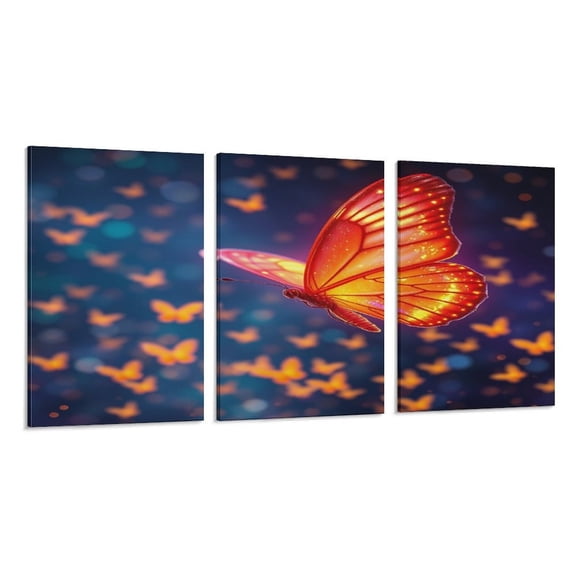 RKSupls 3 Piece Canvas Wall Art Set Modern Farmhouse Living Room Decor Glowing Butterfly Night Prints Framed Ready to Hang for Bedroom Office