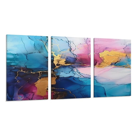 RKSupls 3 Piece Canvas Wall Art Set Modern Farmhouse Living Room Decor Gold Blue Pink Expressionism Prints Framed Ready to Hang for Bedroom Office