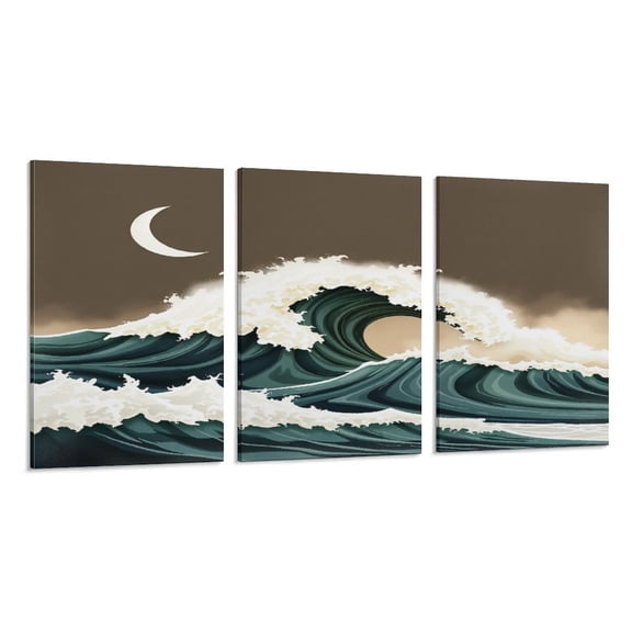 RKSupls 3 Piece Canvas Wall Art Set Modern Farmhouse Living Room Decor Great Wave Crescent Moon Prints Framed Ready to Hang for Bedroom Office
