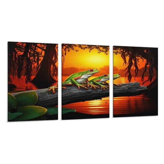 RKSupls 3 Piece Canvas Wall Art Set Modern Farmhouse Living Room Decor Green Frogs Swamp Sunset Prints Framed Ready to Hang for Bedroom Office