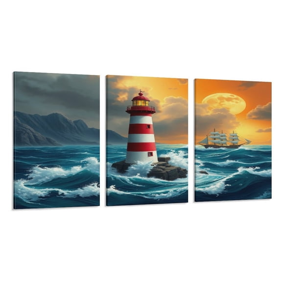 RKSupls 3 Piece Canvas Wall Art Set Modern Farmhouse Living Room Decor Lighthouse Ocean Ship Prints Framed Ready to Hang for Bedroom Office