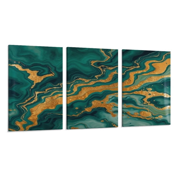 RKSupls 3 Piece Canvas Wall Art Set Modern Farmhouse Living Room Decor Marble Emerald Gold Prints Framed Ready to Hang for Bedroom Office