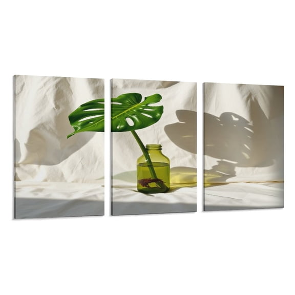 RKSupls 3 Piece Canvas Wall Art Set Modern Farmhouse Living Room Decor Monstera Leaf Vase Prints Framed Ready to Hang for Bedroom Office