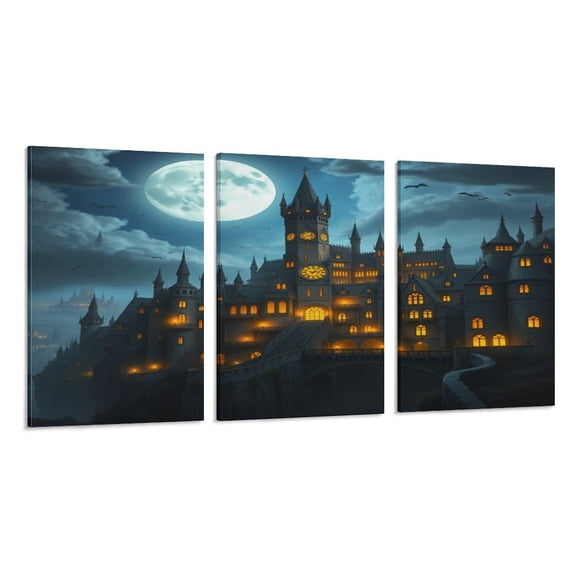 RKSupls 3 Piece Canvas Wall Art Set Modern Farmhouse Living Room Decor Moonlight Castle Fantasy Prints Framed Ready to Hang for Bedroom Office