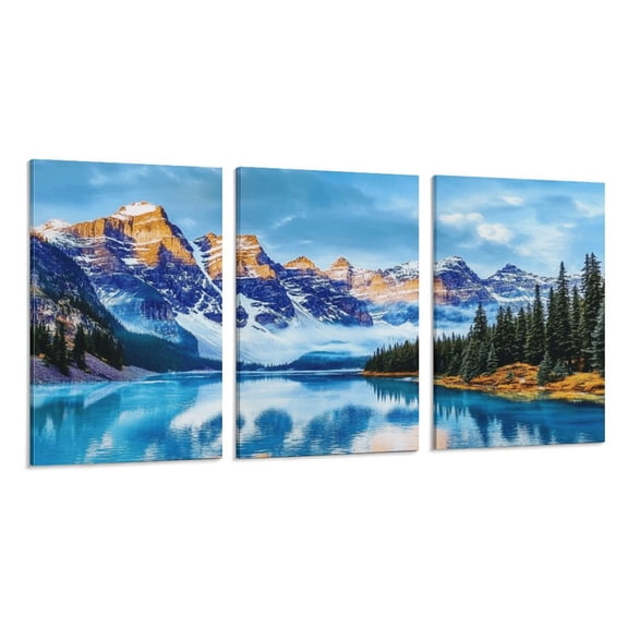 RKSupls 3 Piece Canvas Wall Art Set Modern Farmhouse Living Room Decor Mountain Lake Landscape Blue Prints Framed Ready to Hang for Bedroom Office