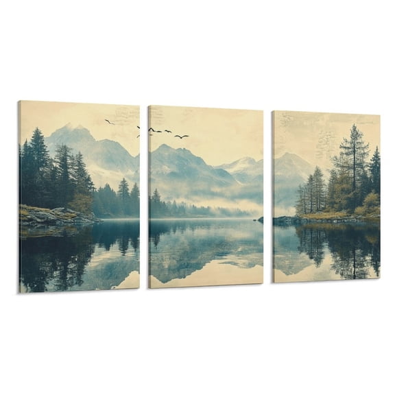 RKSupls 3 Piece Canvas Wall Art Set Modern Farmhouse Living Room Decor Mountain Lake Reflection Prints Framed Ready to Hang for Bedroom Office