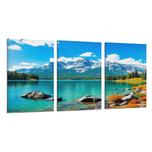 RKSupls 3 Piece Canvas Wall Art Set Modern Farmhouse Living Room Decor Mountain Lake Scenic View Prints Framed Ready to Hang for Bedroom Office