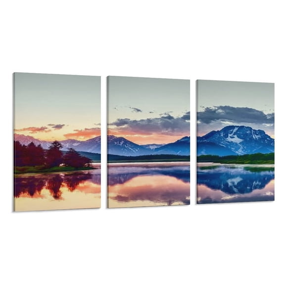 RKSupls 3 Piece Canvas Wall Art Set Modern Farmhouse Living Room Decor Mountain Lake Sunset Scenic Prints Framed Ready to Hang for Bedroom Office
