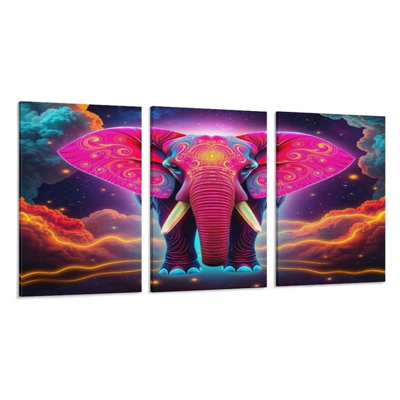 RKSupls 3 Piece Canvas Wall Art Set Modern Farmhouse Living Room Decor Neon Elephant Cosmic Prints Framed Ready to Hang for Bedroom Office