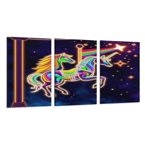 RKSupls 3 Piece Canvas Wall Art Set Modern Farmhouse Living Room Decor Neon Unicorn Magic Star Prints Framed Ready to Hang for Bedroom Office