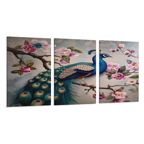 RKSupls 3 Piece Canvas Wall Art Set Modern Farmhouse Living Room Decor Peacock Flowers Pink Branch Prints Framed Ready to Hang for Bedroom Office