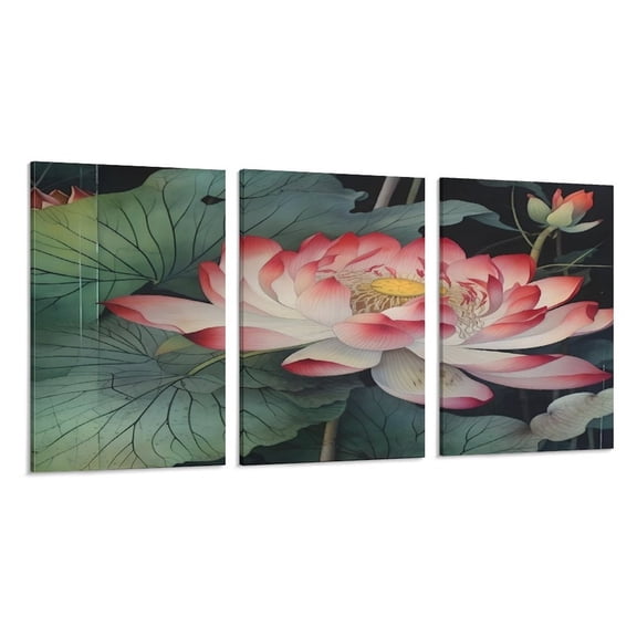RKSupls 3 Piece Canvas Wall Art Set Modern Farmhouse Living Room Decor Pink Lotus Painting Leaves Prints Framed Ready to Hang for Bedroom Office