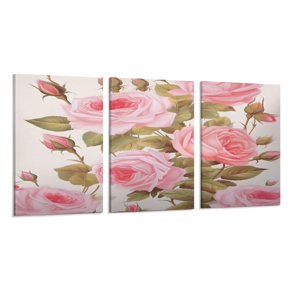 RKSupls 3 Piece Canvas Wall Art Set Modern Farmhouse Living Room Decor Pink Roses Gold Border Prints Framed Ready to Hang for Bedroom Office