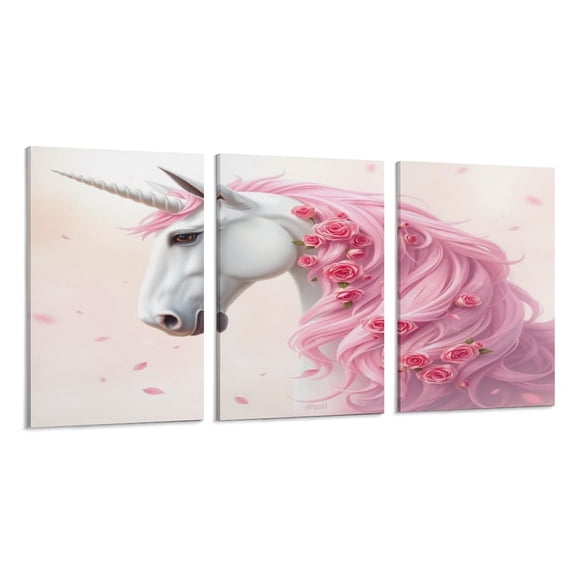 RKSupls 3 Piece Canvas Wall Art Set Modern Farmhouse Living Room Decor Pink Unicorn Rose Prints Framed Ready to Hang for Bedroom Office