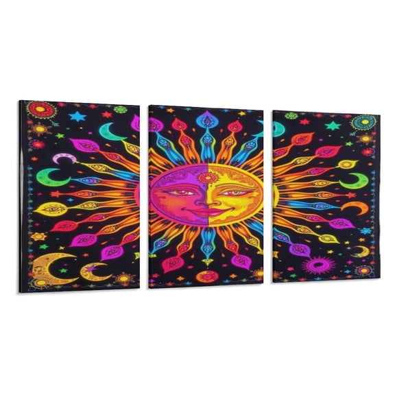 RKSupls 3 Piece Canvas Wall Art Set Modern Farmhouse Living Room Decor Psychedelic Sun Art Prints Framed Ready to Hang for Bedroom Office