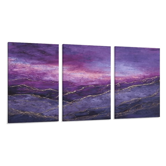 RKSupls 3 Piece Canvas Wall Art Set Modern Farmhouse Living Room Decor Purple Gold Fluid Abstract Prints Framed Ready to Hang for Bedroom Office