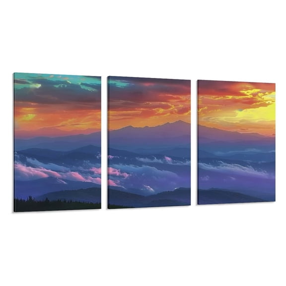 RKSupls 3 Piece Canvas Wall Art Set Modern Farmhouse Living Room Decor Purple Mountain Sunset Clouds Prints Framed Ready to Hang for Bedroom Office