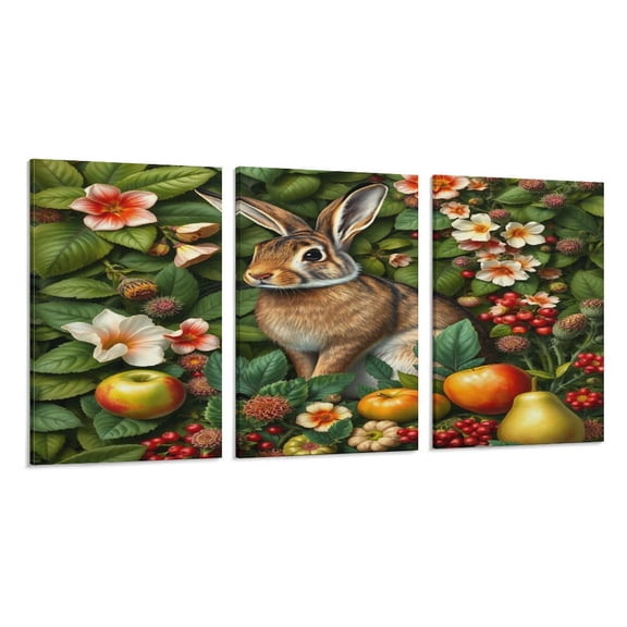 RKSupls 3 Piece Canvas Wall Art Set Modern Farmhouse Living Room Decor Rabbit Apple Flowers Garden Prints Framed Ready to Hang for Bedroom Office