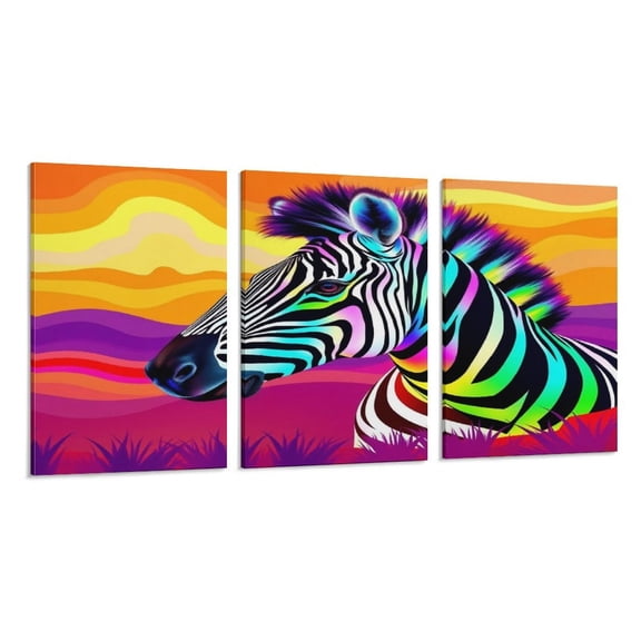 RKSupls 3 Piece Canvas Wall Art Set Modern Farmhouse Living Room Decor Rainbow Zebra Animal Tapestry Prints Framed Ready to Hang for Bedroom Office