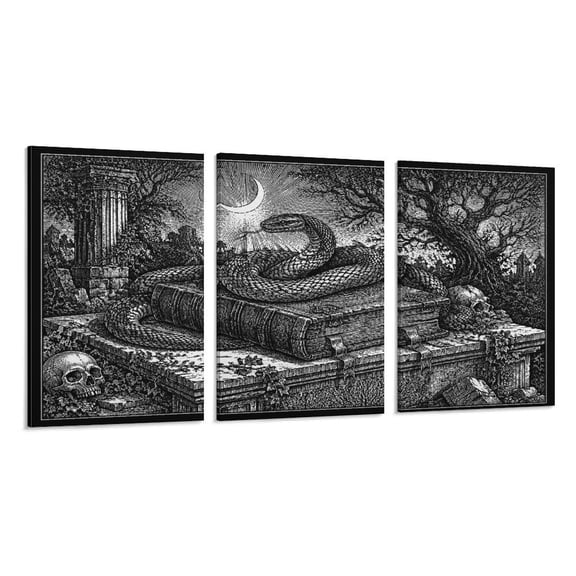 RKSupls 3 Piece Canvas Wall Art Set Modern Farmhouse Living Room Decor Raven Hourglass Ruins Gothic Prints Framed Ready to Hang for Bedroom Office