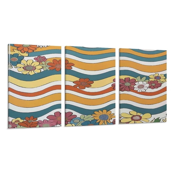 RKSupls 3 Piece Canvas Wall Art Set Modern Farmhouse Living Room Decor Retro Floral Waves Prints Framed Ready to Hang for Bedroom Office