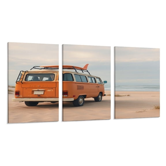 RKSupls 3 Piece Canvas Wall Art Set Modern Farmhouse Living Room Decor Retro Van Beach Prints Framed Ready to Hang for Bedroom Office