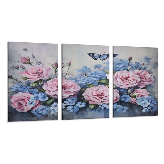 RKSupls 3 Piece Canvas Wall Art Set Modern Farmhouse Living Room Decor Roses Butterfly Pink Prints Framed Ready to Hang for Bedroom Office