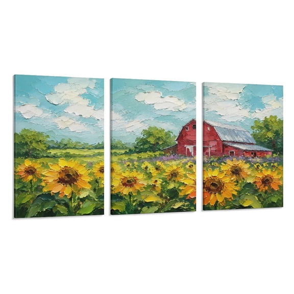 RKSupls 3 Piece Canvas Wall Art Set Modern Farmhouse Living Room Decor Sheepin Yellow Meadow Oil Painting Prints Framed Ready to Hang for Bedroom Office