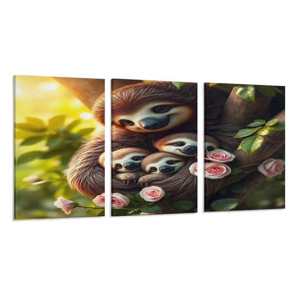 RKSupls 3 Piece Canvas Wall Art Set Modern Farmhouse Living Room Decor Sloth Roses Cute Prints Framed Ready to Hang for Bedroom Office
