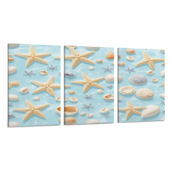 RKSupls 3 Piece Canvas Wall Art Set Modern Farmhouse Living Room Decor Starfish Shell Pattern Prints Framed Ready to Hang for Bedroom Office