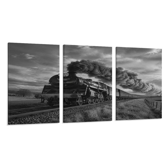RKSupls 3 Piece Canvas Wall Art Set Modern Farmhouse Living Room Decor Steam Train Across Countryside Prints Framed Ready to Hang for Bedroom Office