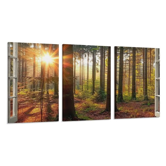 RKSupls 3 Piece Canvas Wall Art Set Modern Farmhouse Living Room Decor Sunlight Forest Window View Nature Prints Framed Ready to Hang for Bedroom Office