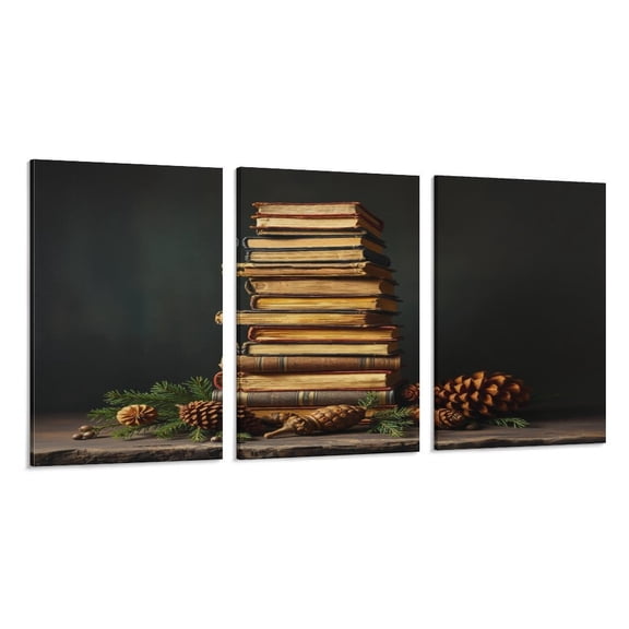 RKSupls 3 Piece Canvas Wall Art Set Modern Farmhouse Living Room Decor Vintage Books Pinecone Prints Framed Ready to Hang for Bedroom Office
