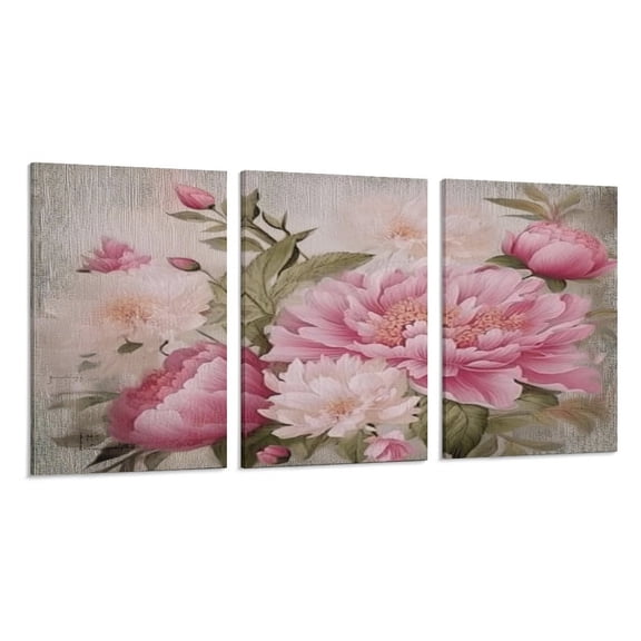 RKSupls 3 Piece Canvas Wall Art Set Modern Farmhouse Living Room Decor Vintage Pink Peony Prints Framed Ready to Hang for Bedroom Office