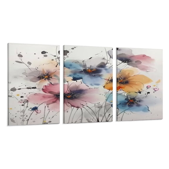RKSupls 3 Piece Canvas Wall Art Set Modern Farmhouse Living Room Decor Watercolor Splash Flowers Prints Framed Ready to Hang for Bedroom Office