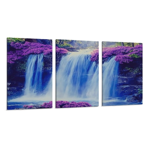 RKSupls 3 Piece Canvas Wall Art Set Modern Farmhouse Living Room Decor Waterfall Purple Flowers Prints Framed Ready to Hang for Bedroom Office