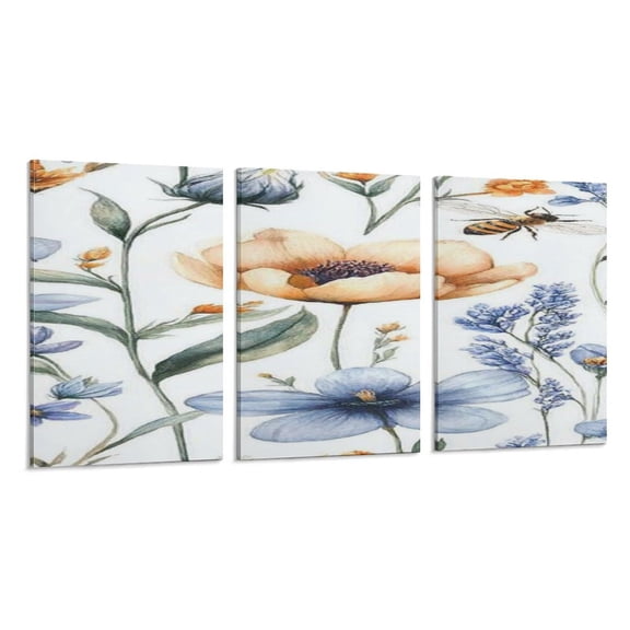 RKSupls 3 Piece Canvas Wall Art Set Modern Farmhouse Living Room Decor Wildflowers Bee Watercolor Garden Prints Framed Ready to Hang for Bedroom Office