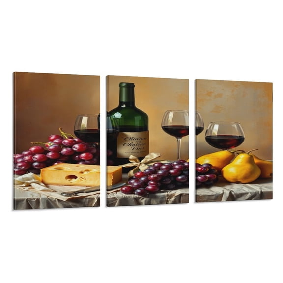 RKSupls 3 Piece Canvas Wall Art Set Modern Farmhouse Living Room Decor Wine Fruit Still Life Prints Framed Ready to Hang for Bedroom Office