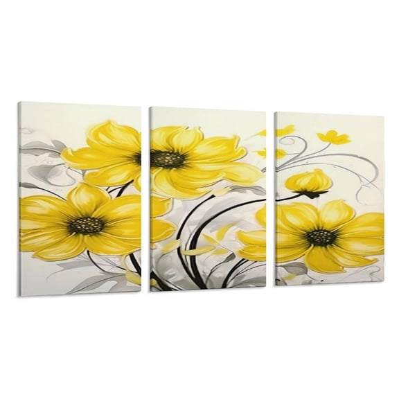 RKSupls 3 Piece Canvas Wall Art Set Modern Farmhouse Living Room Decor Yellow Swirl Floral Design Prints Framed Ready to Hang for Bedroom Office