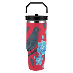 RKSupls 30oz Tumbler with Handle and Straw, Bird Cherry Blossoms Red Background Vector Stainless Steel Insulated Travel Cup, Leak-Resistant Thermal Mug for Hot Cold Drinks