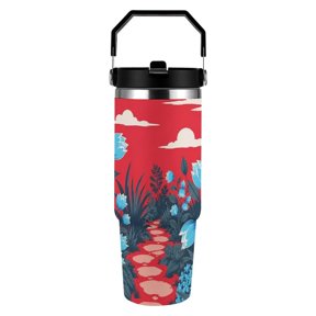 RKSupls 30oz Tumbler with Handle and Straw, Blue Tulips Garden Path Red Sky Vector Stainless Steel Insulated Travel Cup, Leak-Resistant Thermal Mug for Hot Cold Drinks